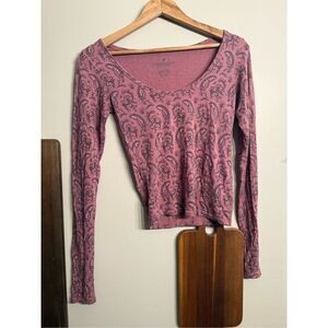 American Eagle Outfitters Womens Pink Paisley Stretch Long Sleeve Crop Top Small
